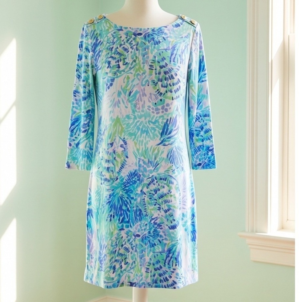 Lilly Pulitzer XL Long Sleeve Quincy Shell Of A Party Dress Gold Buttons RV $185
